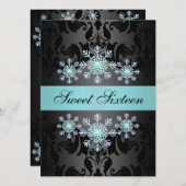 ブルー&ブラックスノーフレークスウィート16誕生日招待状 招待状 (正面/裏面)