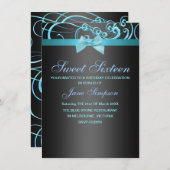 ブルー/ブラックスワール&ボウスウィート16誕生日招待状 招待状 (正面/裏面)