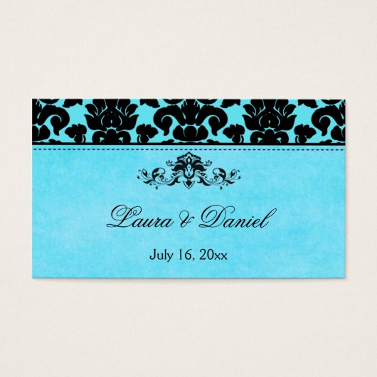 ブルー&ブラックダマスクウェディングメッセージカード (正面)