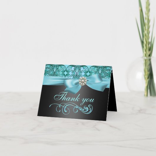 ブルー/ブラックダマスク&ボウサンキューカード サンキューカード (正面)