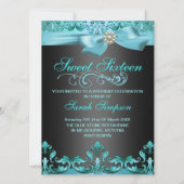 ブルー/ブラックダマスク&ボウスウィート16誕生日招待状 招待状 (裏面)