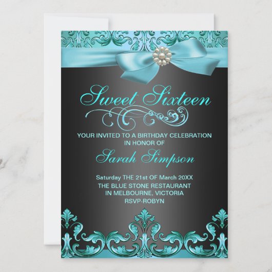 ブルー/ブラックダマスク&ボウスウィート16誕生日招待状 招待状 (裏面)