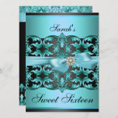 ブルー/ブラックダマスク&ボウスウィート16誕生日招待状 招待状 (正面/裏面)