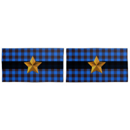 ブルー&ブラックバッファロー金ゴールドスター付きプレイド 枕カバー