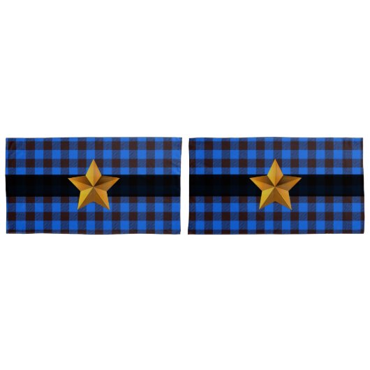 ブルー&ブラックバッファロー金ゴールドスター付きプレイド 枕カバー (正面-セット)
