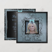 ブルー&ブラックフォトフレームSweet16誕生日招待状 招待状 (正面/裏面)