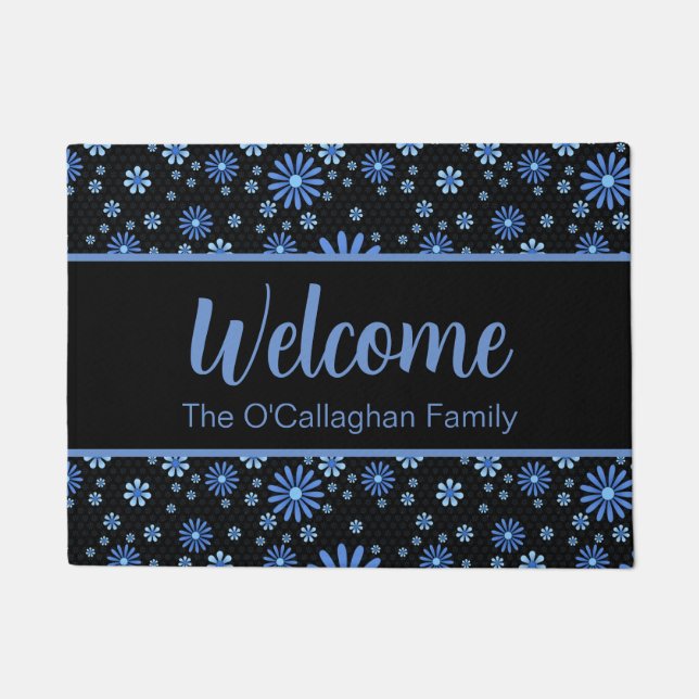 ブルー&ブラックフラワーパワーレトロフローラ ドアマット (正面)