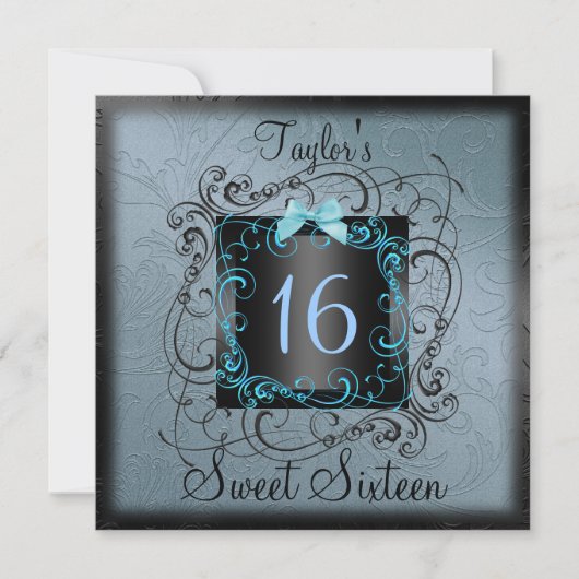 ブルー&ブラックフレームSweet16バースデー招待状 招待状 (正面)