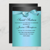 ブルー&ブラックボウスウィート16誕生日招待状 招待状 (正面/裏面)