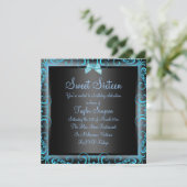 ブルー/ブラックボウ&フレームSweet16誕生日招待状 招待状 (スタンド正面)