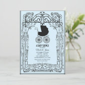 ブルー&ブラックヴィンテージキャリッジデコベビーシャワー 招待状 (スタンド正面)