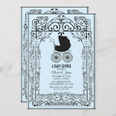 ブルー&ブラックヴィンテージキャリッジデコベビーシャワー 招待状 (正面/裏面)