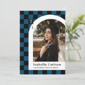 ブルー&ブラック市松模様にアーチグラードコメント 案内状 (スタンド正面)