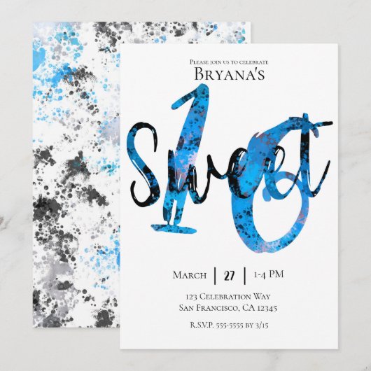 ブルー ブラック シルバー スプラッター スウィート16 誕生日 招待状 (正面/裏面)