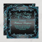 ブルー/ブラック スウィート16 スワール 誕生日招待状 招待状 (正面/裏面)