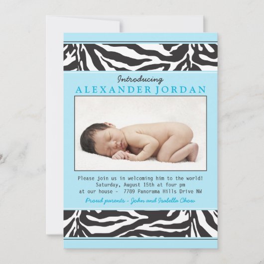 ブルー ブラック ゼブラ柄 フォト シップ アンド シー ベビーシャワー 招待状 (正面)