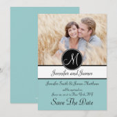 ブルー ブラック モノグラム フォト セーブ ザ デート カード (正面/裏面)