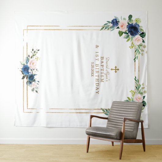 ブルー ブラッシュ フラワーズ フォトブース 誕生日 洗礼 タペストリー (インサイチュ(横))