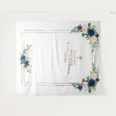 ブルー ブラッシュ フラワーズ フォトブース 誕生日 洗礼 タペストリー (正面(横))