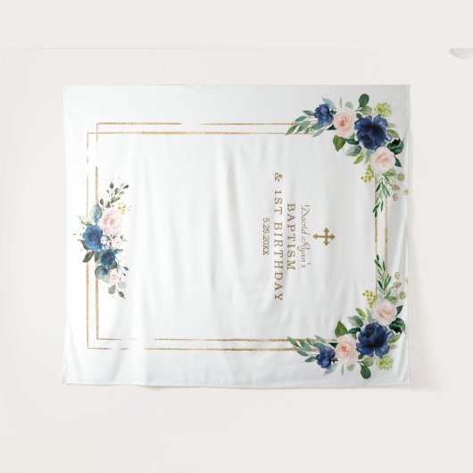 ブルー ブラッシュ フラワーズ フォトブース 誕生日 洗礼 タペストリー (正面(横))