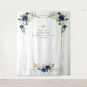 ブルー ブラッシュ フラワーズ フォトブース 誕生日 洗礼 タペストリー (正面)