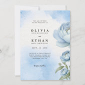 ブルー ブラッシュ フローラル ウェディング 招待状 (正面)