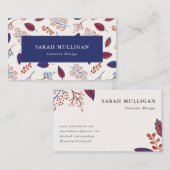 ブルー&ブルゴンディ自然葉パターン 名刺 (正面/裏面)