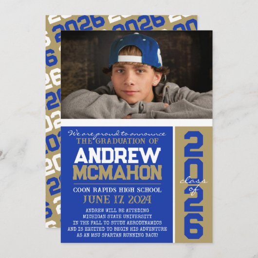 ブルー&ブロンズ金ゴールド卒業写真のお知らせ 招待状 (正面/裏面)