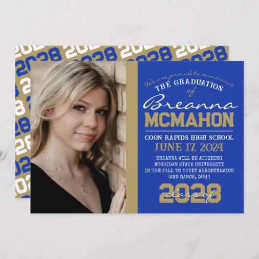 ブルー&ブロンズ金ゴールド卒業写真のお知らせ 招待状 (正面/裏面)