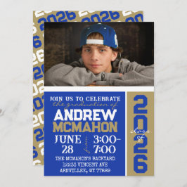 ブルー&ブロンズ金ゴールド卒業写真招待状 招待状