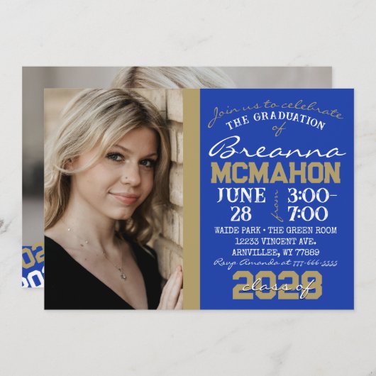 ブルー&ブロンズ金ゴールド卒業2フォト招待状 招待状 (正面/裏面)