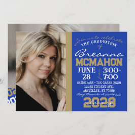 ブルー&ブロンズ金ゴールド卒業2フォト招待状 招待状