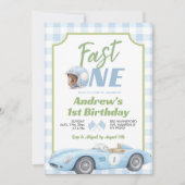 ブルー・プレッピー・レトロ・ファストワン 誕生日招待状 招待状 (正面)