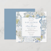 ブルー ベイビー 男の子 フラワーボウ ベビーシャワー 招待状 (正面/裏面)