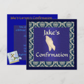 ブルー＆ベージュのダマスク柄確認招待状 招待状 (正面/裏面)