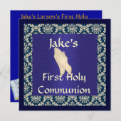ブルー＆ベージュのダマスク柄 ファースト ホーリー コミュニオン ご招待 招待状 (正面/裏面)