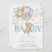 ブルー＆ベージュのバルーン ベビーシャワー We can Bearly Wait 招待状 (正面)
