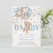 ブルー＆ベージュのバルーン ベビーシャワー We can Bearly Wait 招待状 (スタンド正面)