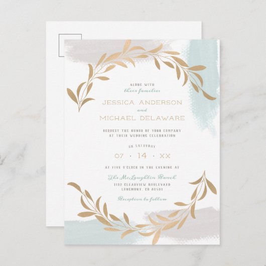 ブルー&ベージュアクアレルブラシ植物結婚ズ インビテーションポストカード (正面/裏面)
