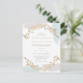 ブルー&ベージュアクアレルブラシ植物結婚ズ インビテーションポストカード (スタンド正面)