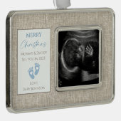 ブルー&ベージュキャンバス新生児超音波写真 シルバープレートフレームオーナメント (右)
