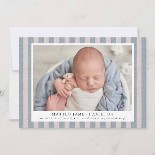 ブルー&ベージュファームハウスリネンストライプズ2フォト誕生 案内状 (正面)