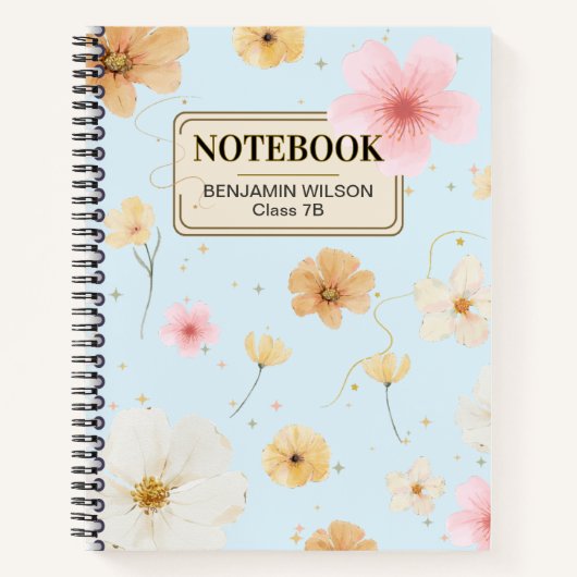 ブルー&ベージュフローラ水彩螺旋ノートブック ノートブック (正面)