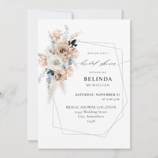 ブルー&ベージュボホフローラブライダルシャワー 招待状 (正面)