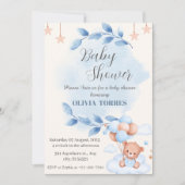 ブルー ベージュ, テディベア, 風船, 男の子のベビーシャワー 招待状 (正面)