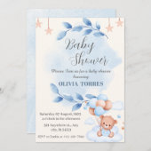 ブルー ベージュ, テディベア, 風船, 男の子のベビーシャワー 招待状 (正面/裏面)