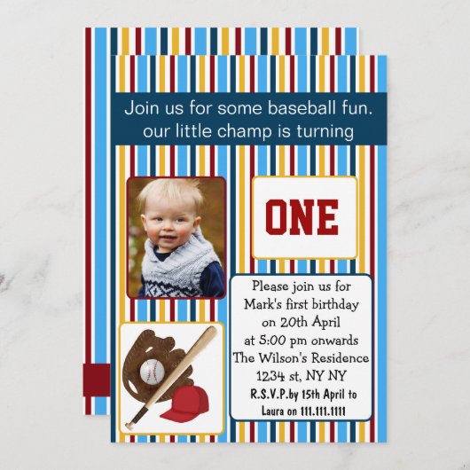 ブルー・ベースボールの最初の誕生日の写真への招待 招待状 (正面/裏面)