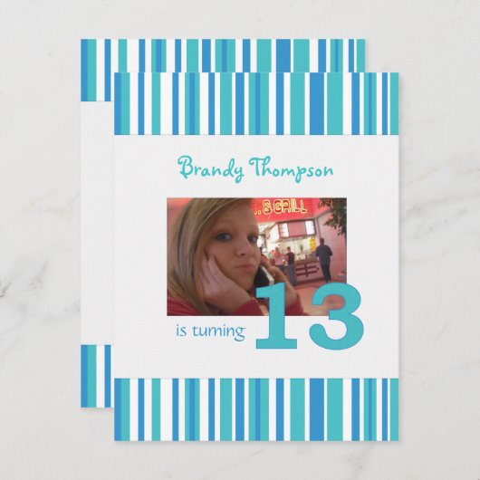 ブルー&ホワイストライプト13番目の誕生日招待状 招待状 (正面/裏面)