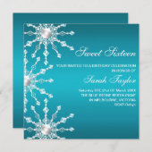 ブルー&ホワイトきらめくスノーフレーク誕生日招待状 招待状 (正面/裏面)