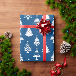 ブルー&ホワイトのクリスマスツリーデザイン ラッピングペーパー